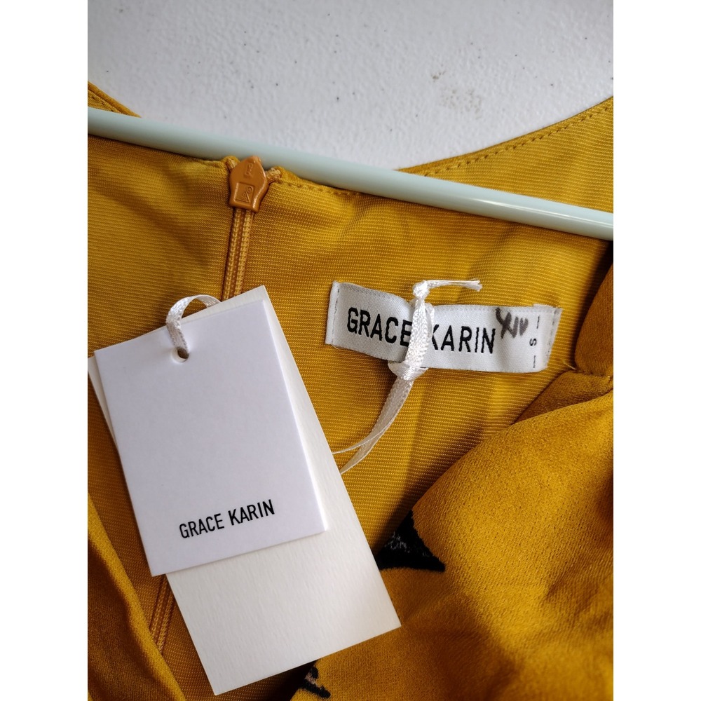 Grace Karin Mustard Yellow‎ Floral V-Neck Fit and Flare Dress Sleeveless Small - Picture 3 of 6